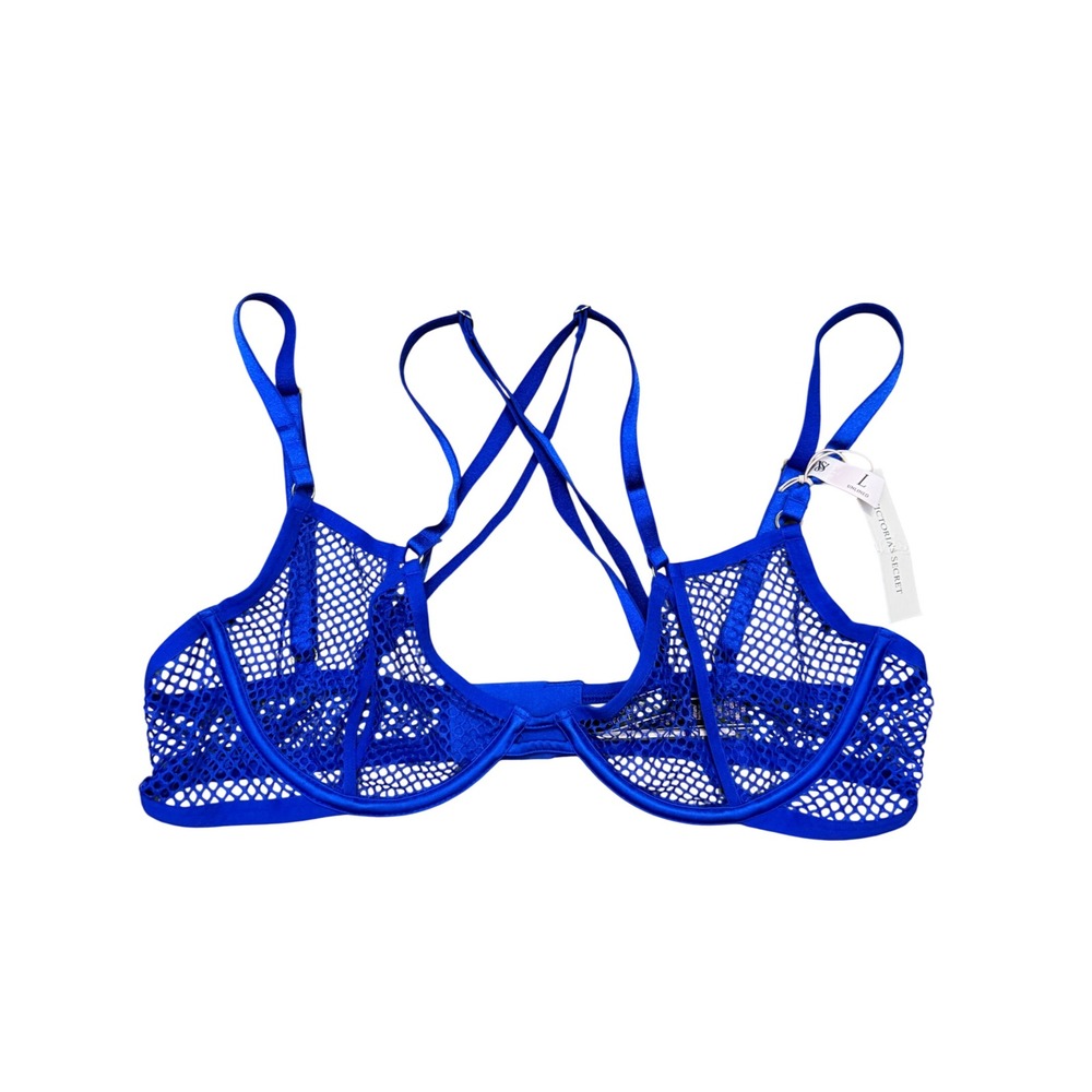 Victoria's Secret Unlined Mesh Underwire Bralette Blue Strappy Back Large NWT